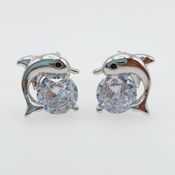 "925 Silver Black Eye Dolphin Zircon Stud Earrings for Women, FB16FA1013 - Picture 2 of 2